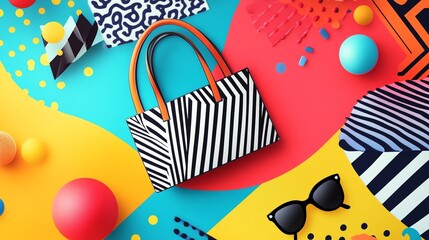 Obraz premium A vibrant and colorful arrangement featuring a striped handbag, playful geometric shapes, and stylish sunglasses, creating an eye-catching and trendy composition perfect for fashio