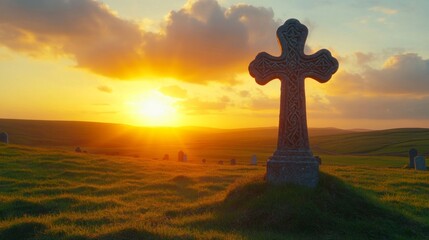 Celtic Cross Sunset Grave Hillside Landscape