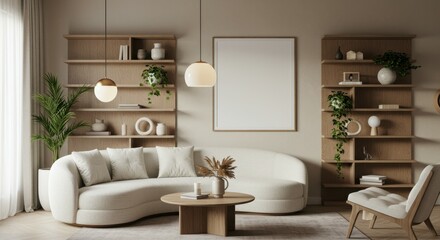 Modern minimalist living room, curved white sofa, wooden shelving unit, neutral color palette, round coffee table, potted plants, beige walls, natural light, cozy interior design, Scandinavian influen