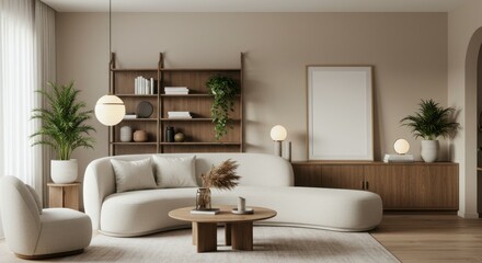 Modern minimalist living room, curved white sofa, wooden shelving unit, neutral color palette, round coffee table, potted plants, beige walls, natural light, cozy interior design, Scandinavian influen