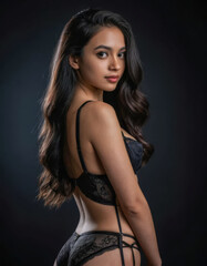 Naklejka premium Elegant woman with long wavy hair posing in black lace lingerie against dark background, sensual fashion portrait with soft lighting