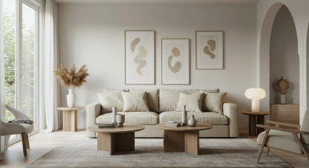 Cozy living room, neutral color palette, beige sofa, arched doorway, large windows, natural light, minimalist art prints, wooden coffee table, textured throw pillows, potted plants, woven rug, contemp