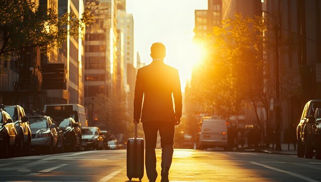 Businessman walks city street sunrise