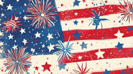 Patriotic illustration depicting american flag with fireworks and stars