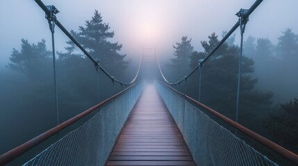 Fototapeta premium Misty Bridge to Tranquility: A Serene Suspension Bridge Enveloped in Fog