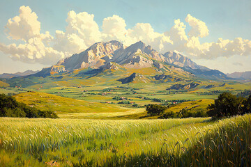 Fototapeta premium A painting of a rolling landscape with lush green wheat fields under a clear blue sky. Sunlight filters through the clouds, creating soft shadows.