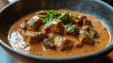 Gourmet Beef Stroganoff with Veal Strips and Porcini Mushrooms in Creamy Sauce, Garnished with Fresh Parsley