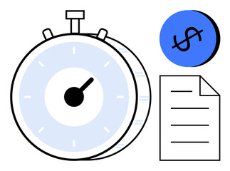Stopwatch, document, and dollar sign suggest time management, financial planning, deadlines, efficiency, productivity, budgeting and project management. Ideal for time valuation cost analysis