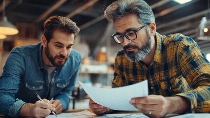 Focused Collaboration: Two men, one with a gray beard, wearing glasses, the other younger with a dark beard,  lean over a document.  They are in a workshop or industrial setting.