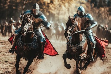 Two Medieval Knights Charge On Horses In Battle