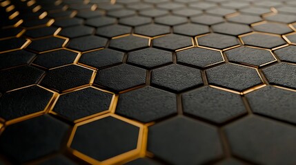 Abstract black hexagon pattern, gold lines, texture background, digital art, website design