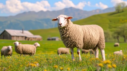 Fototapeta premium Sheep farm livestock modern concept. A peaceful landscape featuring sheep grazing in a lush green field, with a rustic barn and mountains in the background.