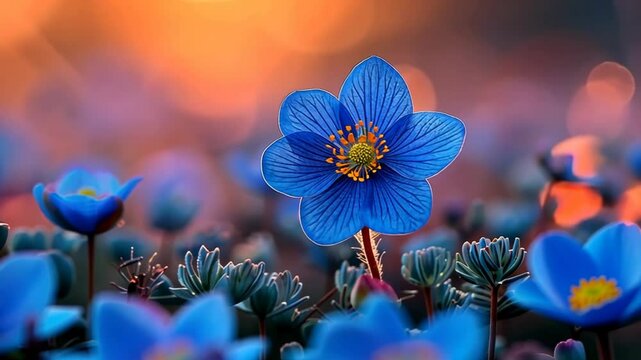 blue flower field blossoming with bokeh light back ground, dreamy spring flower