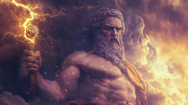 A man with a staff is holding it in front of a stormy sky