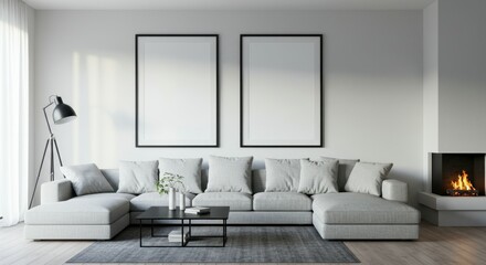 Modern minimalist living room, gray sofa, two large blank picture frames, white walls, hardwood floor, black coffee table, floor lamps, natural light, Scandinavian design, clean lines, monochromatic c