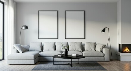 Fototapeta premium Modern minimalist living room, gray sofa, two large blank picture frames, white walls, hardwood floor, black coffee table, floor lamps, natural light, Scandinavian design, clean lines, monochromatic c