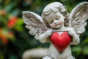 Fototapeta premium Cherubic Angel Figurine Holding Red Heart