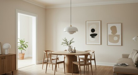Minimalist dining room, white brick wall, large empty frame, wooden table and chairs, track lighting, vase with branches, neutral color palette, Scandinavian design, clean lines, spacious interior, na