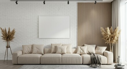 Modern minimalist living room, white brick wall, beige L-shaped sofa, wooden slat accent wall, large potted plant, dried pampas grass, track lighting, empty picture frame, neutral color palette, cozy 