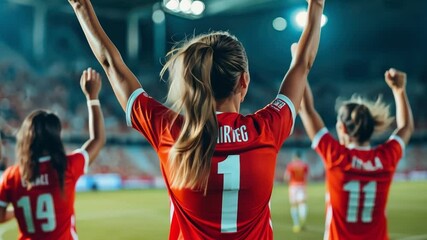 Victory Lap:  A vibrant scene of a female soccer player, her back to the camera, raises her arms in triumph,  with her teammates, as they celebrate a win against a vibrant, cheering crowd.  