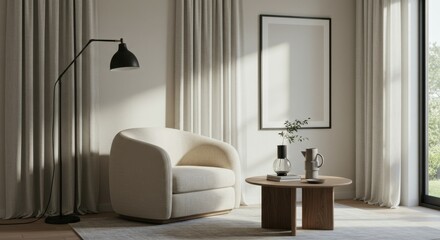 minimalist living room, cream armchair, wooden side table, black floor lamp, beige curtains, large window, natural light, white walls, framed mirror, ceramic vase, cozy interior design, neutral color 