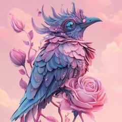Fantasy bird with flower petal feathers and crystal eye