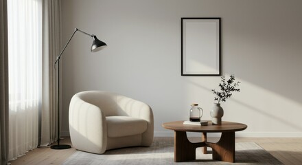 Minimalist living room, curved beige armchair, wooden round coffee table, floor lamp, framed mirror, white curtains, large window, natural light, beige rug, neutral color palette, contemporary interio