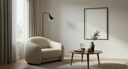 Minimalist living room, curved beige armchair, wooden round coffee table, floor lamp, framed mirror, white curtains, large window, natural light, beige rug, neutral color palette, contemporary interio