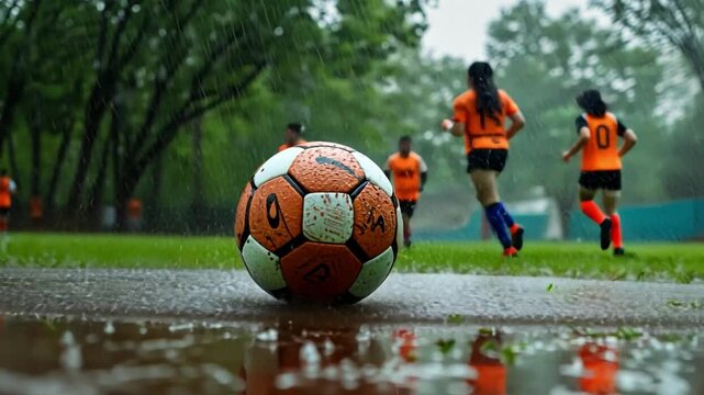 Soccer Ball on Rainy Field:  A close-up shot of a soccer ball resting in a puddle of water on a rain-soaked field, with blurred figures of players in orange jerseys running in the background.  