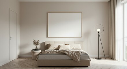 Minimalist bedroom interior, neutral tones, beige and cream colors, large upholstered headboard, white bedding, curved floor lamp, abstract wall art, curtains, cozy atmosphere, soft lighting, contempo