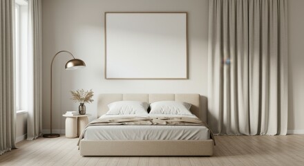 Minimalist bedroom interior, neutral tones, beige and cream colors, large upholstered headboard, white bedding, curved floor lamp, abstract wall art, curtains, cozy atmosphere, soft lighting, contempo