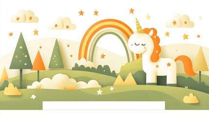 Naklejka premium Charming papercraft unicorn joyfully stands beneath rainbow in pastel landscape. AI Generated