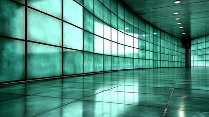 Cool teal light illuminates sleek modern corridor walls reflecting on polished floor. AI Generated