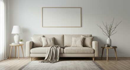 Minimalist living room, neutral color palette, beige sofa, white walls, blank frame above couch, decorative tree branch, side tables, throw pillows, cozy blanket, natural light, clean lines, modern de