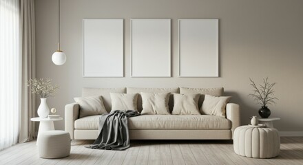 Minimalist living room, neutral tones, beige sofa, three empty white frames on wall, side table with vase, throw blanket, decorative pillows, natural light, modern aesthetic, cozy interior design, tex