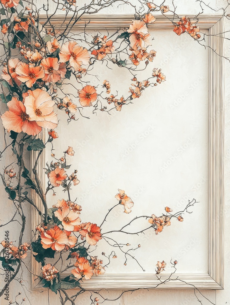 Poster a large vintage frame with vines and flowers wrapped around the sides, set against a white backgroun