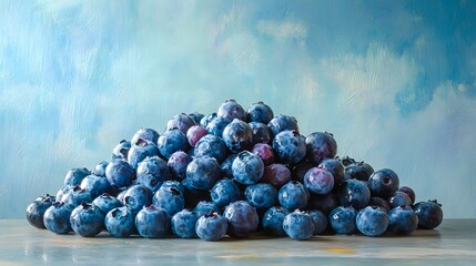 A mountain of fresh blueberries against a dreamy sky painted backdrop