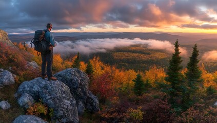Hiker atop mountain at autumn sunrise views valley