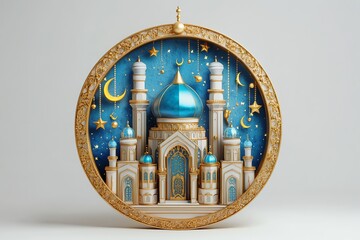 Experience the festive spirit of Eid Fitr with this high-definition 3D-rendered vector illustration, showcasing a vibrant white and gold Islamic lantern adorned with traditional motifs and intricate .