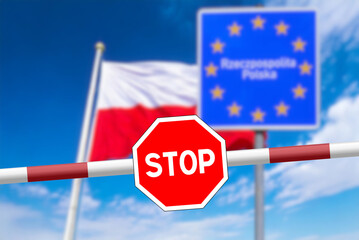 Flag of Poland and a barrier with a stop sign at the border