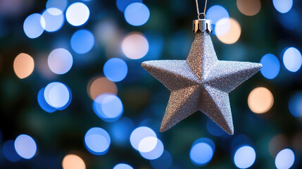 A magical festive background of a starry sky with blue light bokeh, ideal for New Year and Christmas celebrations. The twinkling stars shine against the dark sky, with a soft blue glow adding warmth