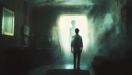 Child confronts ethereal alien in foggy, haunted home