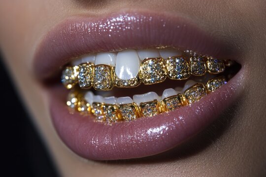Gold Grillz Adorn Sparkling Lips
