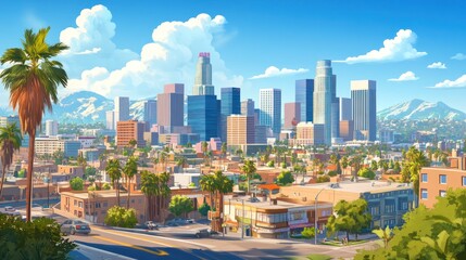 Obraz premium Sunny Los Angeles cityscape with palm trees and mountains.