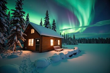 Obraz premium Cozy Cabin Under Northern Lights with Snow-Covered Trees and Reflecting Water