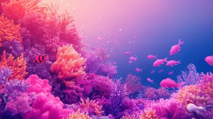 Vibrant coral reef teeming with pink fish and diverse life