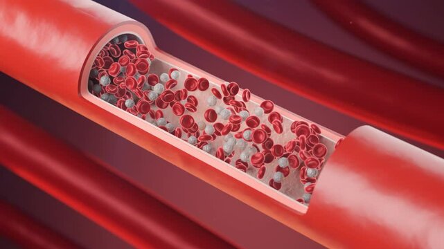 Blood vessel with flowing Red blood and White blood cells, 3D Animation.
