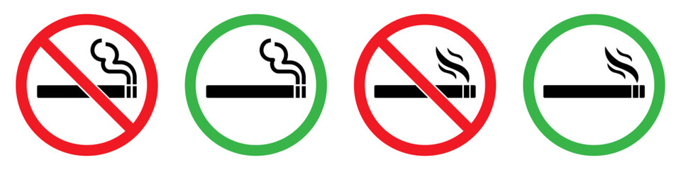 No smoking area and smoking area sign printable red and green color. No smoking, ban symbols. No smoking symbol. no smoke circle in red and green. Forbidden icon. stop symbol icon set. © Tiger pixel creation
