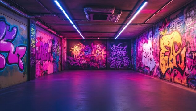 Graffiti-covered underground club space with neon lights