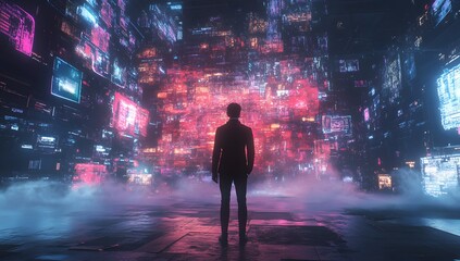 Futuristic businessman, neon city, digital wall, contemplation